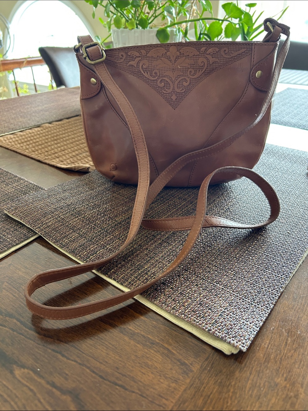 Born Brown Leather Crossbody Bag with Embossed Detail